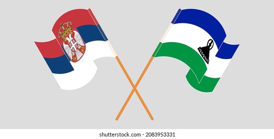 Crossed And Waving Flags Of Serbia And Kingdom Of Lesotho. Vector Illustration
