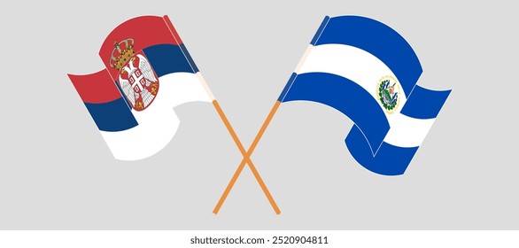 Crossed and waving flags of Serbia and Republic of El Salvador. Vector illustration.
