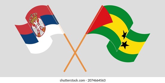 Crossed and waving flags of Serbia and Sao Tome and Principe. Vector illustration
