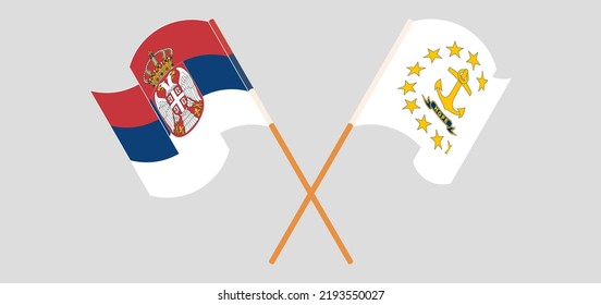 Crossed and waving flags of Serbia and the State of Rhode Island. Vector illustration
