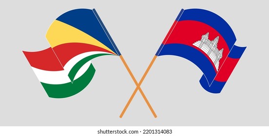 Gekreuzte und wehende Flaggen der Seychellen und Kambodschas. Vektorgrafik
