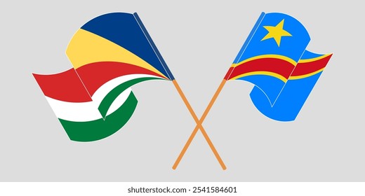 Bandeiras das Seicheles e da República Democrática do Congo atravessadas e acenadas. Ilustração vetorial.
