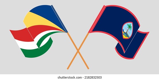 Gekreuzte und wehende Flaggen der Seychellen und Guams. Vektorgrafik
