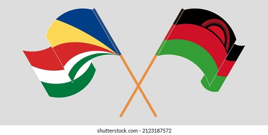 Crossed and waving flags of Seychelles and Malawi. Vector illustration
