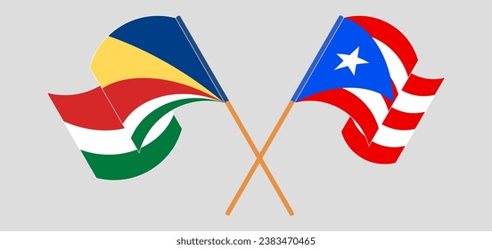 Crossed and waving flags of Seychelles and Puerto Rico. Vector illustration
