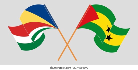 Überquerte und schwellende Flaggen der Seychellen und São Tomé und Príncipe. Vektorgrafik