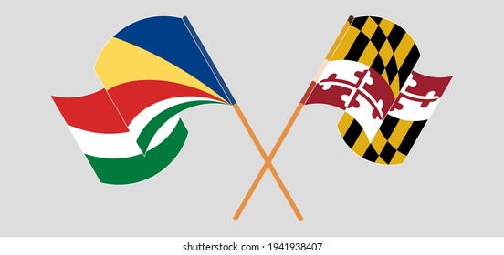Crossed and waving flags of Seychelles and the State of Maryland