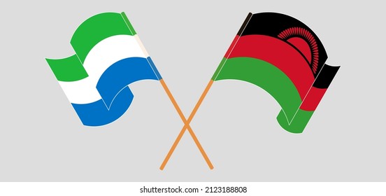 Crossed and waving flags of Sierra Leone and Malawi. Vector illustration
