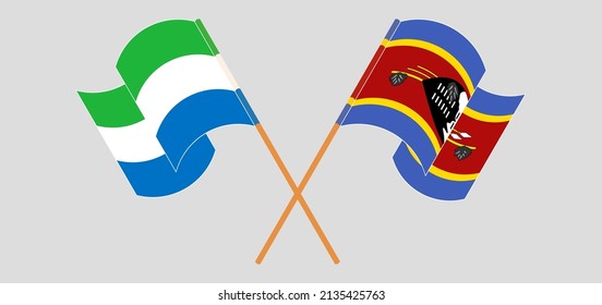Crossed and waving flags of Sierra Leone and Eswatini. Vector illustration

