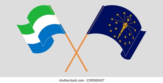 Crossed and waving flags of Sierra Leone and the State of Indiana. Vector illustration
