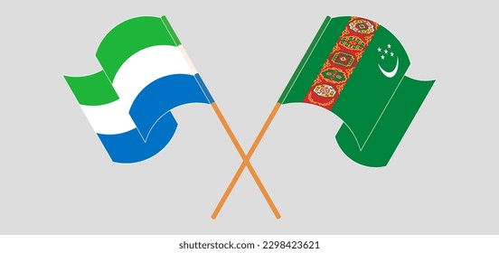 Crossed and waving flags of Sierra Leone and Turkmenistan. Vector illustration
