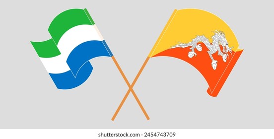 Verquerte und schwenkende Flaggen von Sierra Leone und Bhutan. Vektorillustration
