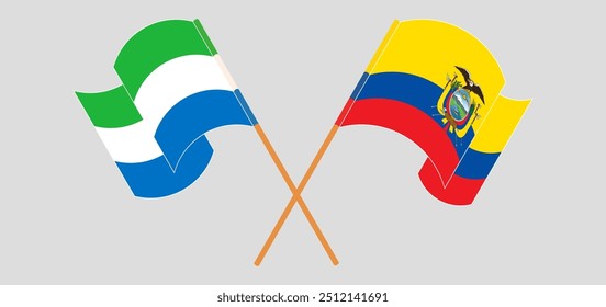 Überquerte und wehende Flaggen von Sierra Leone und der Republik Ecuador. Vektorgrafik.
