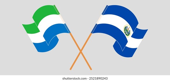 Crossed and waving flags of Sierra Leone and Republic of El Salvador. Vector illustration.
