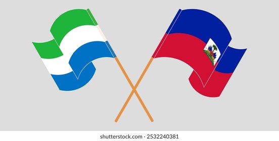 Crossed and waving flags of Sierra Leone and Republic of Haiti. Vector illustration.
