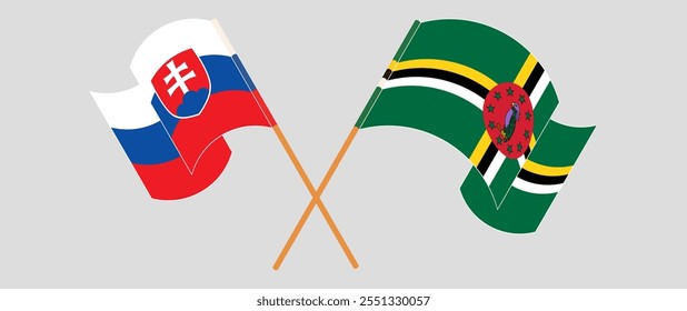 Crossed and waving flags of Slovakia and Dominica. Vector illustration.
