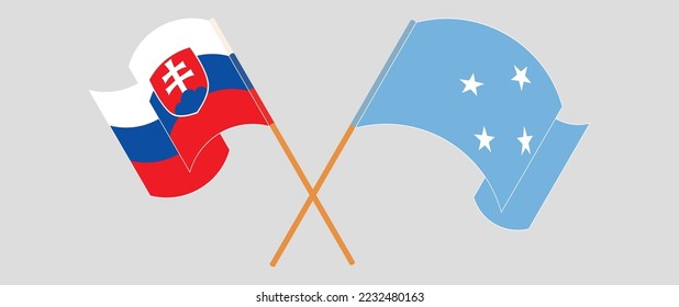 Gekreuzte und wehende Flaggen der Slowakei und Mikronesiens. Vektorgrafik
