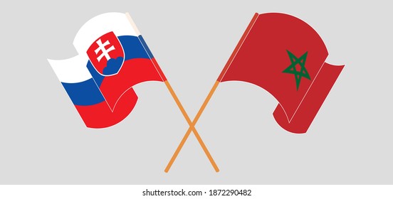 Crossed and waving flags of Slovakia and Morocco