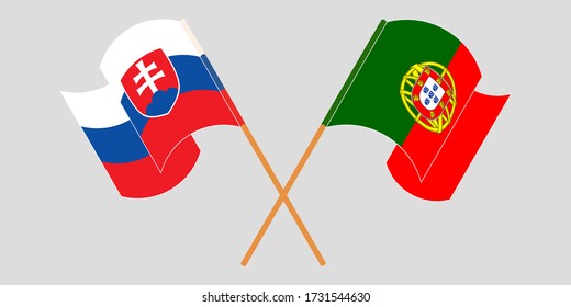 Crossed and waving flags of Slovakia and Portugal