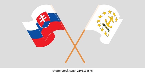 Crossed and waving flags of Slovakia and the State of Rhode Island. Vector illustration
