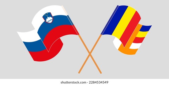 Crossed and waving flags of Slovenia and Buddhism. Vector illustration
