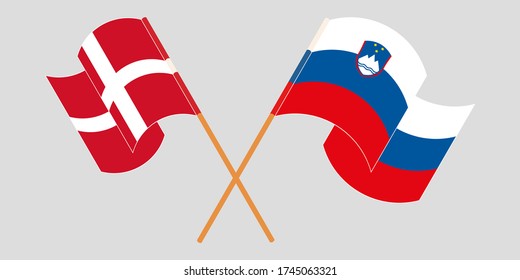 Crossed and waving flags of Slovenia and Denmark