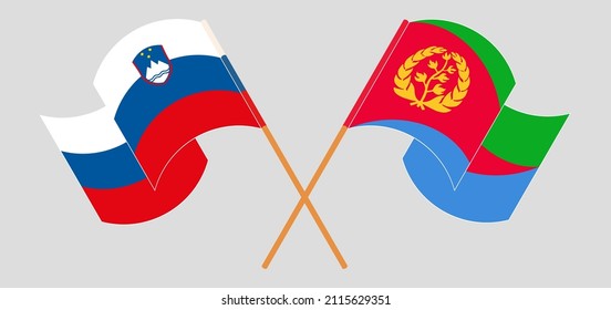 Crossed and waving flags of Slovenia and Eritrea. Vector illustration
