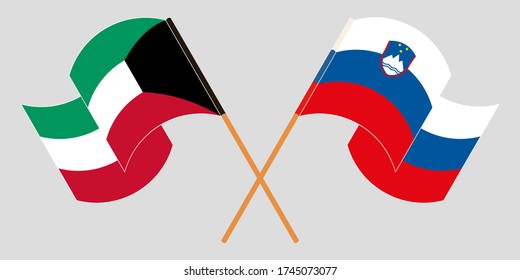 Crossed and waving flags of Slovenia and Kuwait