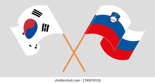 Crossed and waving flags of Slovenia and South Korea