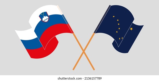 Crossed and waving flags of Slovenia and the State of Alaska. Vector illustration
