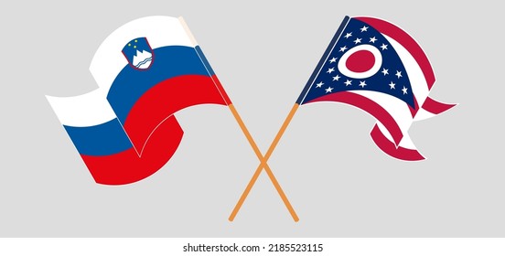 Crossed and waving flags of Slovenia and the State of Ohio. Vector illustration
