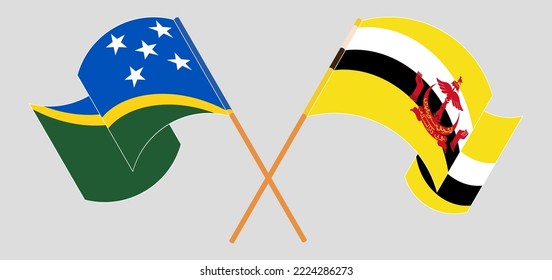 Crossed and waving flags of Solomon Islands and Brunei. Vector illustration
