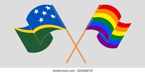Crossed and waving flags of Solomon Islands and LGBTQ. Vector illustration
