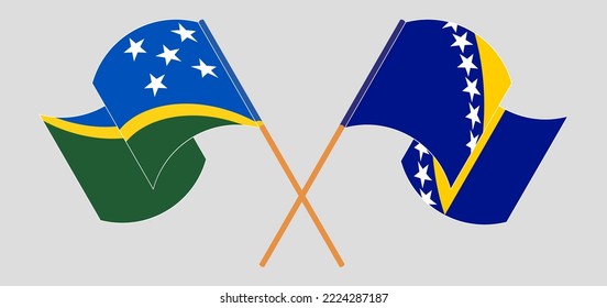 Crossed and waving flags of Solomon Islands and Bosnia and Herzegovina. Vector illustration
