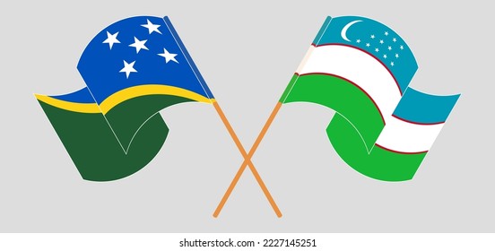Crossed and waving flags of Solomon Islands and Uzbekistan. Vector illustration