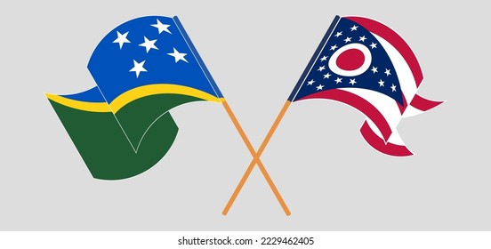 Crossed and waving flags of Solomon Islands and the State of Ohio. Vector illustration
