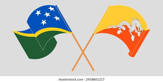 Crossed and waving flags of Solomon Islands and Bhutan. Vector illustration
