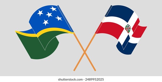 Crossed and waving flags of Solomon Islands and Dominican Republic. Vector illustration
