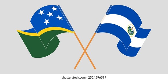 Crossed and waving flags of Solomon Islands and Republic of El Salvador. Vector illustration.
