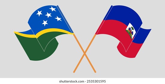 Bandeiras cruzadas e acenando das Ilhas Salomão e da República do Haiti. Ilustração vetorial.
