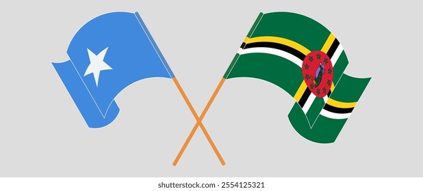 Crossed and waving flags of Somalia and Dominica. Vector illustration.
