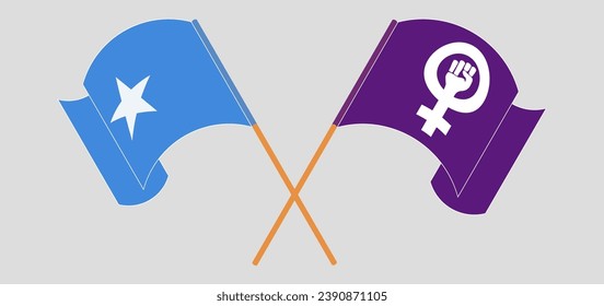 Crossed and waving flags of Somalia and Feminism. Vector illustration
