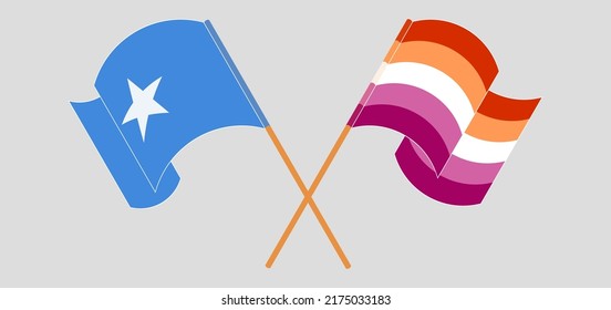 Crossed and waving flags of Somalia and Lesbian Pride