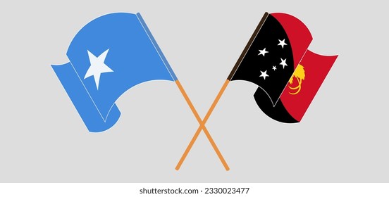 Crossed and waving flags of Somalia and Papua New Guinea. Vector illustration
