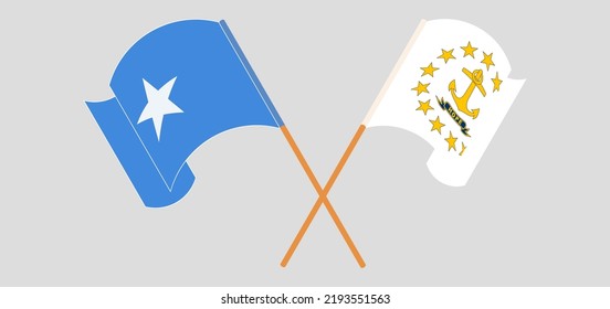 Crossed and waving flags of Somalia and the State of Rhode Island. Vector illustration
