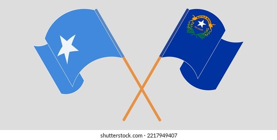 Crossed and waving flags of Somalia and The State of Nevada. Vector illustration
