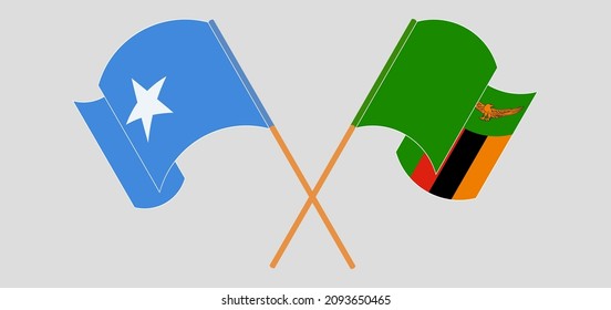 Crossed and waving flags of Somalia and Zambia. Vector illustration
