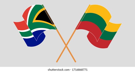 Crossed and waving flags of South Africa and Lithuania
