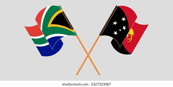 Crossed and waving flags of South Africa and Papua New Guinea. Vector illustration
