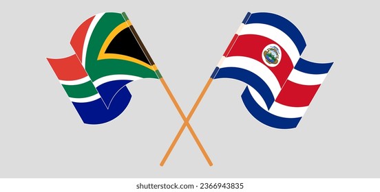 Crossed and waving flags of South Africa and Costa Rica. Vector illustration
